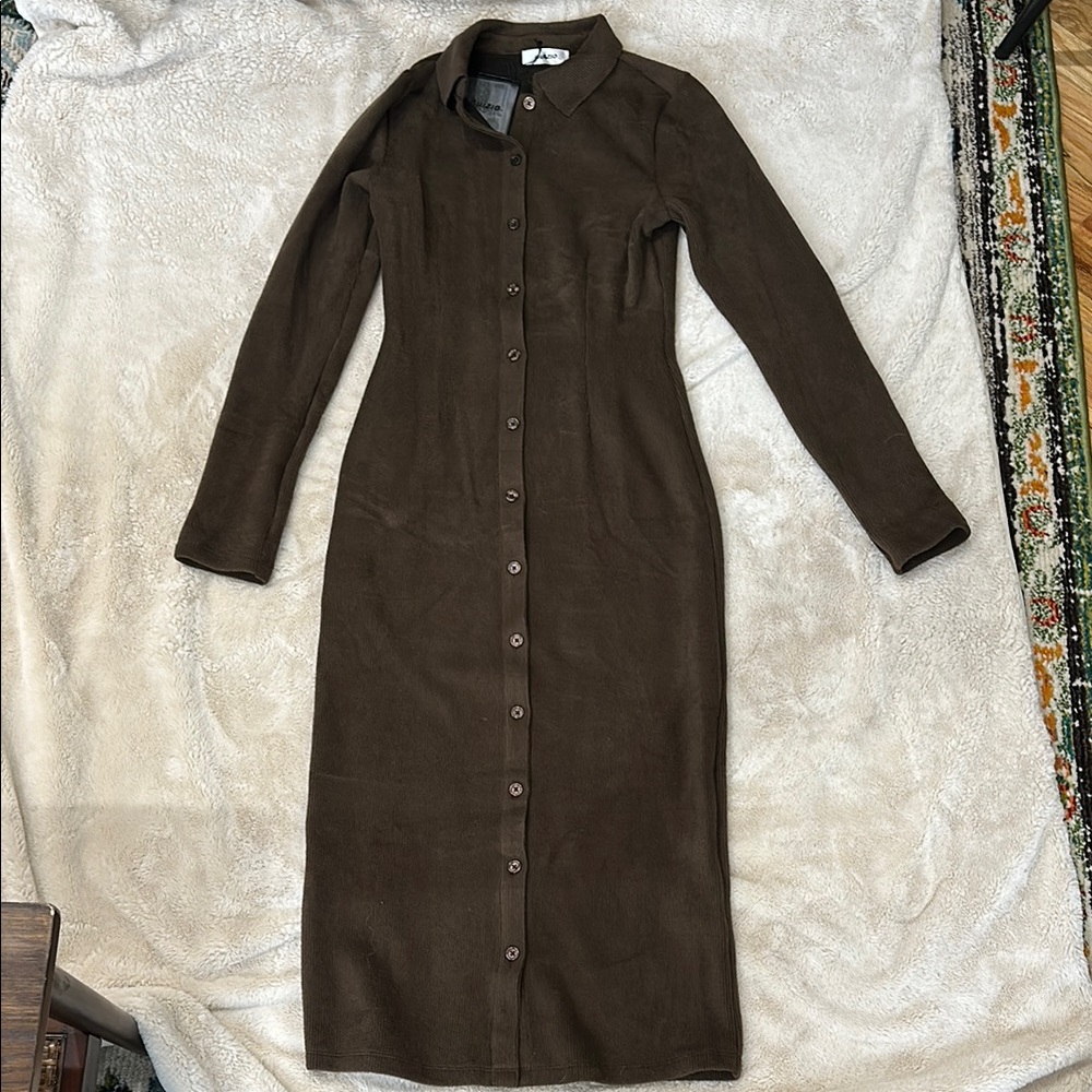 Long-Sleeve Brown Button-Front Maxi Dress